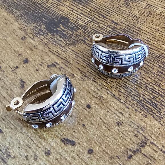 Vintage 1980s Womens Silver Tone Clip On Earrings Moon Shape Rhinestones - Picture 1 of 4